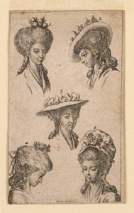 ベルリンの女性が着用する 5 つのヘッドギア、「Königl: Grosbrit [anian] 1783 年 Lauenberg の系図カレンダー by J.G. Berenberg」のイラスト 作： Daniel Nikolaus Chodowiecki