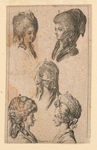 ベルリンの女性が着用する 5 つのヘッドギア、「Königl: Grosbrit [anian] 1782 年 Lauenberg の系図カレンダー by J.G. Berenberg」のイラスト 作： Daniel Nikolaus Chodowiecki