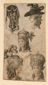 女性用のヘッドギア 5 点、「Königl: Grosbrit [anian] 1781 年 Lauenberg の系図カレンダー by J.G. Berenberg」の挿絵の断片 2 点 作： Daniel Nikolaus Chodowiecki