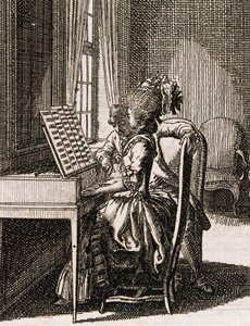 音楽、スピネットを演奏する女性、Daniel Nikolaus Chodowiecki (1726-1801) 作、Occupations des dames、ドイツ、ポーランド