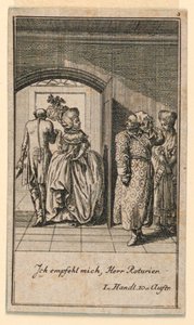 傲慢に訪問を終える年配のカップル、「Königl: Grosbrit [nische] genaological calendar on the 1782 year Lauenberg by J.G. 作： Daniel Nikolaus Chodowiecki