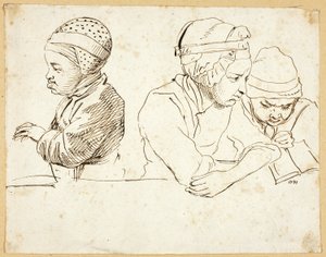 3 人の子供 (直腸); 頭、目、唇、花のスケッチ (裏面)