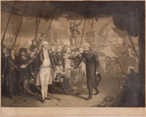 1797年10月、尊者に乗ったダンカン卿の勝利とデ・ウィンター提督の辞任（点刻彫刻）