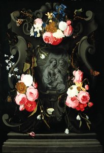 聖家族と花輪、1625-27（銅に油彩）