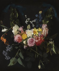 2本の青いリボンで吊るされた花輪 作： ダニエル・セガース