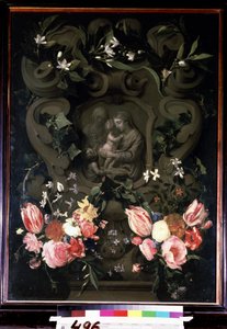 マドンナと子供、聖エリザベートと洗礼者ヨハネが花輪をつけた子供の頃。 Daniel Seghers (1590-1661) の絵画。 銅に油彩、84 x 61 cm 作： Daniel Seghers