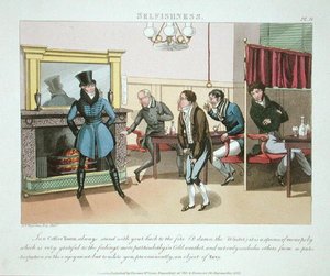 1823年に出版された「The Necessary Qualifications of a Man of Fashion」のプレート9「Selfishness」（手彩色アクアチント）。