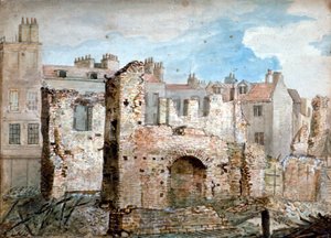 ベアヤード、ウェストミンスター、ロンドン、1809年にある火災で損傷した建物の廃墟。 作： Daniel Thorn