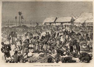 コンゴ川の近くで3,000人以上の人々を集めて行われた非常に活気のある行進。1866年から1873年にかけてのデビッド・リビングストンの最後の日記（1813年から1873年）に描かれたD.Viergeの絵をもとにエッチングされたもので、1875年にEdouarが編集した「Le tour du monde」に掲載されている。 作： Daniel Urrabieta Vierge