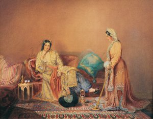 Dames Phanariotes (ギリシャ起源の裕福な商人の人口、コンスタンティノープルの Phanar 地区に住む) (Phanariot Greek Ladies) - Daniel Valentine Riviere (1780-1854) による絵画、木製パネルの混合メディア、19 世紀半ば、38x 作： Daniel Valentine Rivière