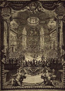1686年12月、ハーグのサロン・デュ・ボワでオレンジ公の誕生日を祝って行われた、オレンジ公妃の大饗宴（エングレービング）