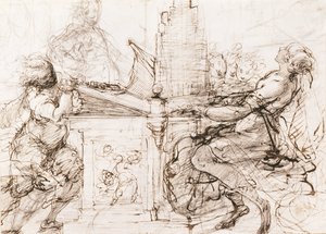 オルガンを演奏するローマの聖セシリア (オルガンの聖セシリア) - ダニエレ・クレスピ (1598-1630) の作品、紙にチョークと水彩 作： Daniele Crespi