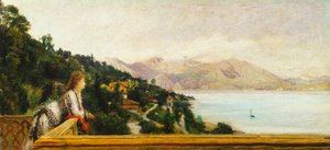 ダニエレ・ランツォーニ（1843-1889）によるアダ・トルベツコイの別荘からのマッジョーレ湖の眺め、キャンバスに油彩、49x105 cm 作： Danielle Ranzoni