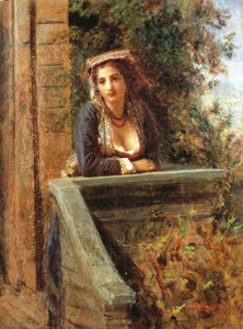 窓辺の少女またはバルコニーの若い女性、ダニエレ・ランツォーニ作（1843-1889）、木に取り付けられた紙に油彩、44x33 cm 作： Danielle Ranzoni