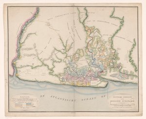 スリナムの地図の一部 主に植民地の現在の建物を描いた、スリナム植民地の一般的な地図 作： Daniël Veelwaard (I)