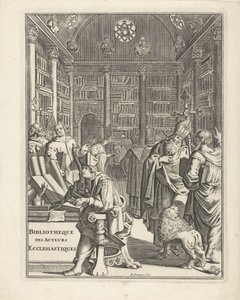 聖職者と図書館のインテリア タイトル ページ: Bibliotheque des Authors Ecclesiastiques、年なし 作： Daniël met de Penningen