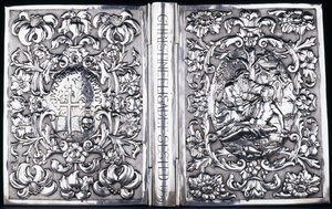 上部と下部の本の表紙、葉と良きサマリア人のイメージ、1740年 作： Danish School