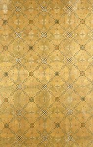 天井パネル、オリーブグリーン、黄土色、赤と黄色の抽象葉状デザインの繰り返し、1893年頃 作： Dankmar Adler