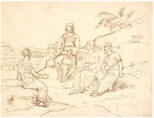 聖書の場面: 3 人の使徒と共に山に座っているキリスト 作： Dankvart Dreyer