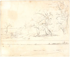 鬱蒼とした森が生い茂る海岸、背景には都市。 下: 同じ画像を調べる 作： Dankvart Dreyer