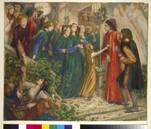 ベアトリスが結婚の饗宴でダンテに会うと彼の挨拶を拒否する、1860年代 作： Dante Gabriel Charles Rossetti
