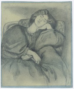 布張りのアームチェアで眠っているジェーンモリスの研究
