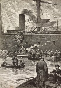 戦艦プリンチペ・アメデオに乗り込むイタリア兵、紅海でのイタリア遠征、イタリア、ナポリ、ダンテ・パオロッチのデッサンによるエングレーヴィング、「L