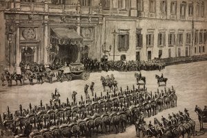 国会開会式、ウンベルト1世のモンテチトーリオへの到着（イタリア、ローマ）、ダンテ・パオロッチのデッサンによるエングレーヴィング、L