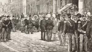 イタリアの政治家であり将校であったルイジ・メッツァカポ（1814-1885）の葬列に参列する政治家と将校たち（イタリア、ローマ）、ダンテ・パオロッチのデッサンによるエングレーヴィング（L