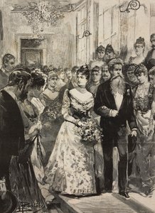ローマ芸術クラブ（チルコロ・アルティスティコ）のパーティに出席したサヴォイ家のマルゲリータ王妃、彫刻家ジュリオ・モンテヴェルデを伴って、イタリア、ダンテ・パオロッチのデッサンによるエングレーヴィング、『イタリア年鑑』第XX年第3号、1月15日より 作： Dante Paolocci