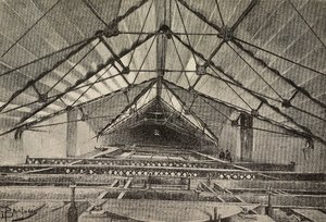 イタリア、ローマ、聖ヨハネ・ラテラノ大寺院の新アーム、屋根と天井を支える金属トラス、ダンテ・パオロッチ作図、『イタリア・イラストラツィオーネ』29号、7月11日掲載のエングレーヴィング。 作： Dante Paolocci