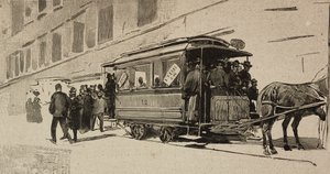 イタリア、ローマ、レオ13世の司教記念日にサン・ピエトロに向かう路面電車、ダンテ・パオロッチのデッサンによるエングレーヴィング。 作： Dante Paolocci