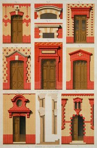 レンガの突起とペディメントのデザイン、J・ラクルーの「La Brique Ordinaire」からの図版、Editions Ducher 作： Daumont Daumont