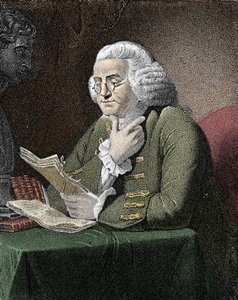 アメリカの哲学者、物理学者、大使であるベンジャミン・フランクリン（1706-1790）の肖像。デイヴィッド・マーティンの絵の後のエングレーヴィング。 作： David (after) Martin
