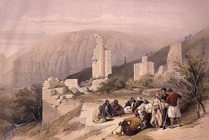 ペトラの凱旋門の残骸、1839年3月8日、プレート100、Louis Haghe（1806-85）が彫刻した「The Holy Land」の第3巻より。1849年（リトグラフ）。 作： David (after) Roberts