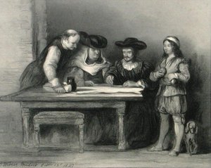 ラ・ラビダの修道院にいるクリストファー・コロンブス（1451-1506） 1833年に出版された「肖像画のギャラリー」より（彫刻版）