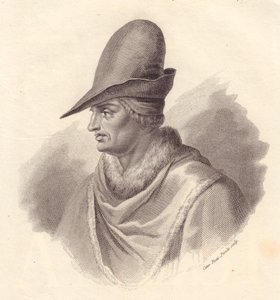 イタリアの軍事指導者ウグチオーネ・デッラ・ファッジオーラ（1250-1319）の肖像、Caterina Piotti-Pirolaによる銅版画
