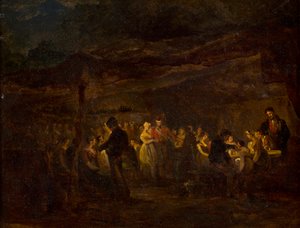 夜の宴会、城の前の兵士（パネルに油彩） 作： David (circle of) Wilkie