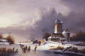 オランダの凍った川の風景 作： David Beatty