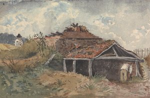 古い建物の横にある 2 人の人物のいる風景 作： David Charles Read