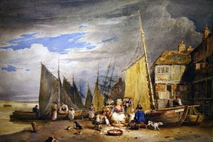 テムズ川のほとりで商品を持つ魚売りの女（水彩・紙） 作： David Cox