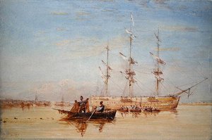 テムズ川に停泊中のMAN-O-WAR（水彩・紙） 作： David Cox
