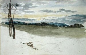 夕暮れの森の風景」（紙に鉛筆、水彩） 作： David Cox