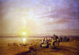 Crossing the Sands」（鉛筆の跡に水彩を重ね、紙の上に掻き出したもの） 作： David Cox