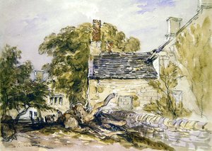 古い石造りのコテージの外にいる人々（紙に黒チョークと水彩画） 作： David Cox