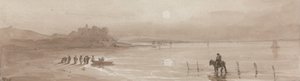 海岸、ハーレック城のある夕日 作： David Cox