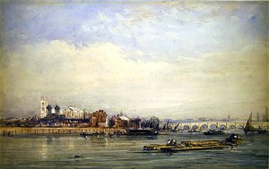 バタシー海岸からのウェストミンスターとテムズ川（水彩・紙） 作： David Cox