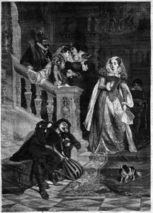 スコットランド女王マリー（メアリー）・アイア・スチュアート（1542-1587）とデビッド（ダヴィデ）・リゾーの初対面-デビッド・ダルホフ・ニールの絵の後に彫られている。 作： David Dalhoff (after) Neal