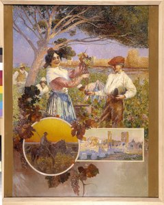 Aigues Mortes (Aigues-Mortes)、アルル、カマルグ: 若い女性が、ぶどう園から摘んだばかりの美しいブドウの房を見せています。 David Dellepiane (1866-1932)、点描。 必須の言及: コレクション財団は、マルセイユ、プロヴァンス (cm 1 作： David Dellepiane
