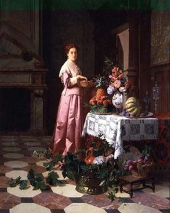 テーブルの上に果物や花を持つ女性 作： David Emil Joseph de and Knarren P. Noter